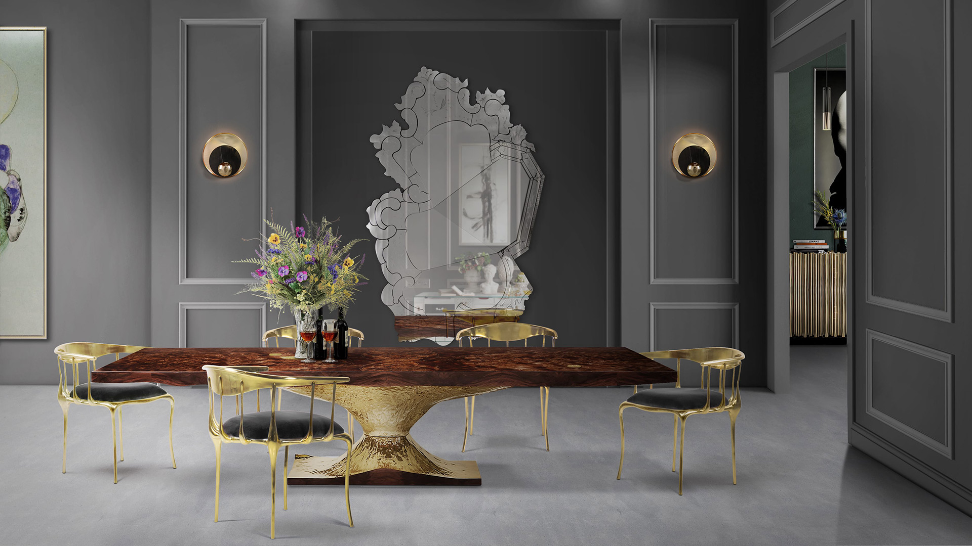 Table à manger en bois et plateau en verre Design de luxe